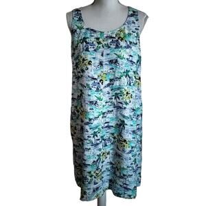 J Jill Love Linen Size XS Tropical Island Beach Print Shift Dress Pockets